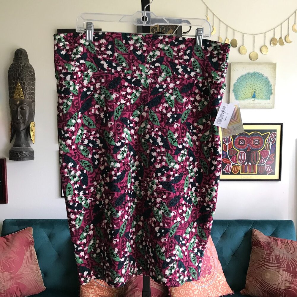 LULAROE size 2XL Burgundy Green & Teal Print Stretch Cassie Pencil Skirt NWT